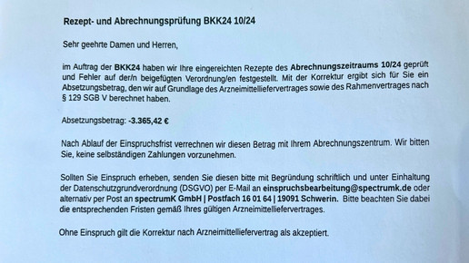 Foto eines Retaxschreibens wegen nicht übermittelter Charge.