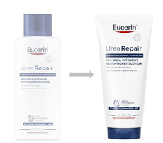Vorher-Nachher-Darstellung der Eucerin UreaRepair 10% Urea Intensive Feuchtigkeitslotion: Die Abbildung weist von der bisherigen weißen Stehflasche links auf die neue, praktische Standtube mit blauem Klappdeckel rechts.