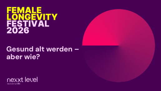 Grafik mit der Aufschrift „Female Longevity Festival 2026“ und „Gesund alt werden – aber wie?“ neben einer kreisförmigen Grafik.