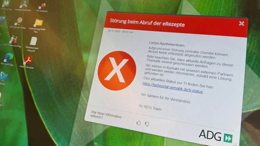 Ein Warnhinweis auf einem Apotheken-Bildschirm.