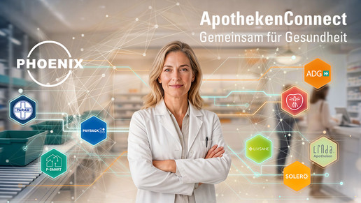 ApothekenConnect-Bild mit Apothekerin in Arbeitskleidung und Partnerlogos der Initiative. Text: „ApothekenConnect – Gemeinsam für Gesundheit“.