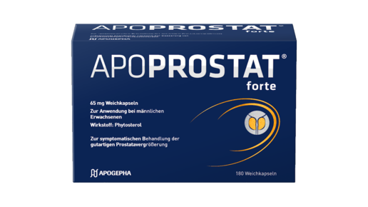 Der  Packshot APOPROSTAT forte in der praktischen 3-Monatspackung mit 180 Weichkapseln: Die neue Packungsgröße kommt dem Wunsch vieler Patienten nach einer langfristigen Versorgung entgegen.