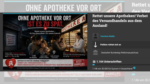 Screenshot der Petiotion „ Rettet unsere Apotheken! Verbot des Versandhandels aus dem Ausland!“ auf der Plattform OpenPedition