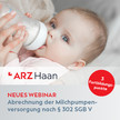 Grafik vom ARZ Haan: Baby trinkt aus einer Milchflasche. Neues Webinar „Abrechnung der Milchpumpenversorgung nach § 302 SGB V“, 3 Fortbildungspunkte.