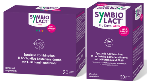 SymbioLact® Pro Darm* Multi und SymbioLact® Multi Kids: Multistammpräparate, die gezielt auf die Anforderungen einer Antibiotika-Begleitung mit Probiotika ausgerichtet sind. 