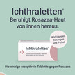 Frau mit Rosazea neben Packung Ichthraletten vor grünem Hintergrund. Text: Beruhigt Rosazea-Haut von innen heraus. Wirkt gegen Rötungen und Pickel. Die einzige rezeptfreie Tablette gegen Rosazea.