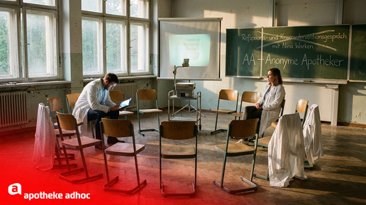 Montage: Zwei Personen im Kittel sitzen in einem Sitzkreis in einer alten VHS-Schule