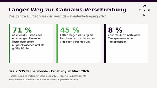 Horizontale Infografik zur weed.de-Patientenbefragung 2026 mit den Kennzahlen 71, 45 und 8 Prozent. (99 Zeichen)