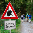 Symbolbild: Ein Warnschild mit der Aufschrift „Achtung Zecken!“ steht gut sichtbar am Rande eines Waldwegs; im Hintergrund ist eine Familie beim Spaziergang zu sehen. 