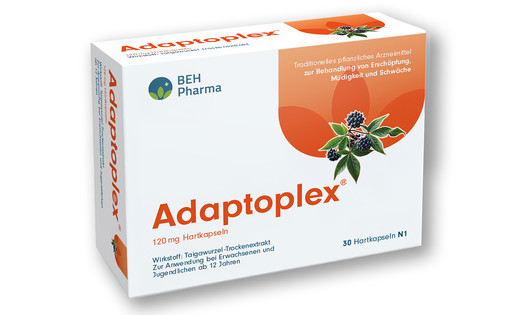 Packung des pflanzlichen Arzneimittels Adaptoplex von BEH Pharma, 120 mg Hartkapseln. Weiß-oranges Design mit Pflanzenabbildung. Aufdruck: „Traditionelles pflanzliches Arzneimit-tel zur Behandlung von Erschöpfung, Müdigkeit und Schwäche“. 