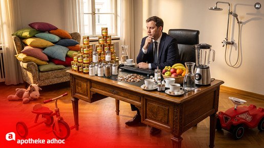 KI-Bild zeigt Lars Klingbeil mit Zuckergetränken um sich herum