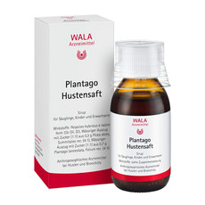  Umverpackung und Flasche des WALA Plantago Hustensaftes für Säuglinge, Kinder und Erwachsene; anthroposophisches Arzneimittel bei Husten und Bronchitis.