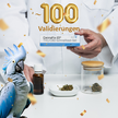 Ein Bild, das medizinisches Cannabis als Blüte und Extrakt zeigt, einen stolzen blauen Kakadu, einen CannaFix-ID-Schnelltest und goldenes Konfetti mit der Zahl 100 als Luftballons.