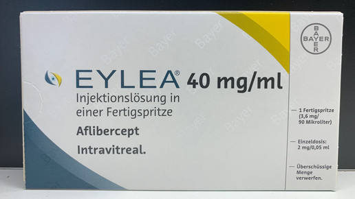Foto: Frontseite der Umverpackung des Arzneimittels Eylea (Aflibercept) von Bayer.