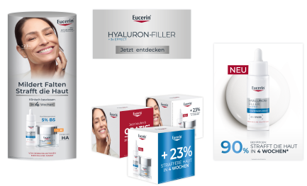 Mehrere Display-Motive zeigen Produktvorteile wie „+23 % straffere Haut“, „Mildert Falten“ und die neue Pipettenverpackung mit Fokus auf Hyaluronsäure und Provitamin B5.