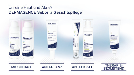 Abbildung von DERMASENCE Seborra Gesichtspflegeprodukten für unreine Haut und Akne mit sechs Produkten in den Kategorien Mischhaut, Anti-Glanz, Anti-Pickel und therapiebegleitende Pflege vor hellem Hintergrund.