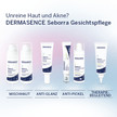 Abbildung von DERMASENCE Seborra Gesichtspflegeprodukten für unreine Haut und Akne mit sechs Produkten in den Kategorien Mischhaut, Anti-Glanz, Anti-Pickel und therapiebegleitende Pflege vor hellem Hintergrund.