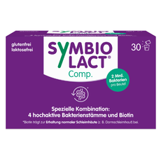 Nahrungsergänzungsmittel SymbioLact® Comp. mit seiner ausgewählten Kombination aus Milchsäurebakterien und Biotin. 