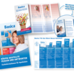 Basica® Werbemittel-Übersicht: Basica® Neue Nahrungsmitteltabelle mit Ratgeber, Basica® FAQ Fachinformation für Apotheken, Basica® Sortimentsübersicht.
