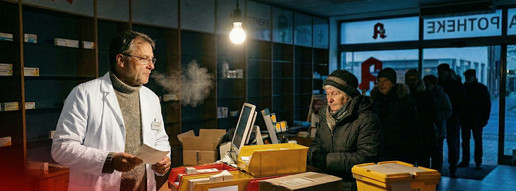 Montage: Ein Apotheker steht in einer kalten, abgedunkelten Apotheke mit Kundschaft