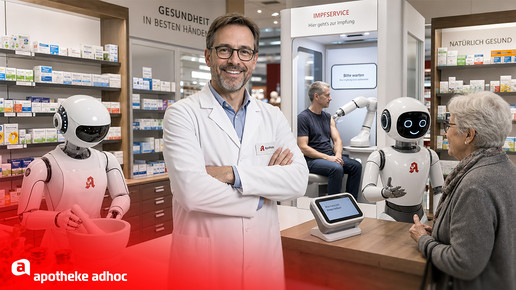 Lächelnder Apotheker in seiner Apotheke umgeben von Robotern statt Angestellten