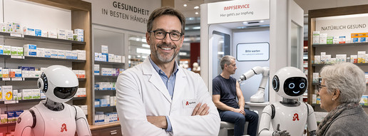 Team ersetzt: Roboter übernehmen Pilot-Apotheke Lächelnder Apotheker in seiner Apotheke umgeben von Robotern statt Angestellten