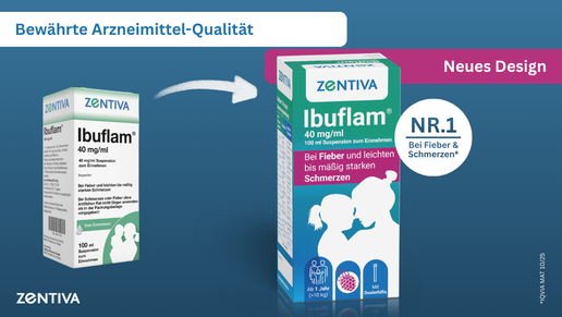 Altes und neues Verpackungsdesign des Ibuprofen-Fiebersaftes Ibuflam® von Zentiva im Vergleich, mit Hinweis auf die bewährte Arzneimittelqualität und das neue Design. Die Nr.1 bei Fieber und Schmerzen.