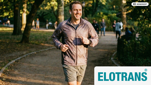 Ein lächelnder Mann joggt bei goldenem Abendlicht auf einem schattigen Waldweg im Park. Er trägt Sportkleidung und kabellose Kopfhörer. Unten rechts ist das ELOTRANS reload Logo eingeblendet."