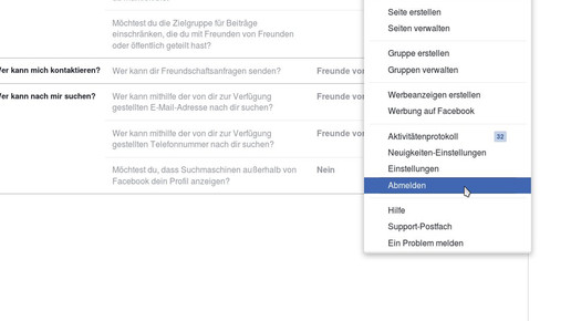 facebook abmelden screenshot