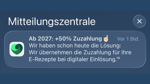 Screenshot einer Push-Nachricht der DocMorris-App zum Erlass der Zuzahlung bei E-Rezept-Bestellung über die App