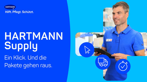 Ein HARTMANN-Mitarbeiter mit Tablet in einer Apotheke, daneben drei blaue Icons für Klick, Lieferung und Zeit. Links im Bild steht: „HARTMANN Supply – Ein Klick. Und die Pakete gehen raus.“