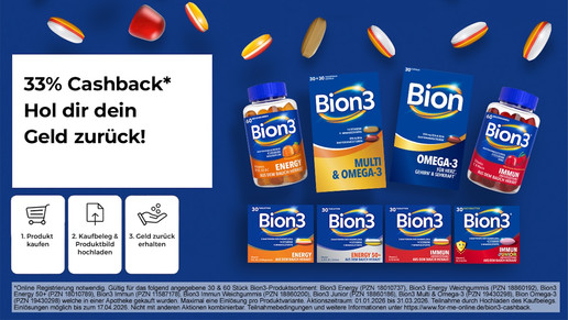Mehrere Bion3-Produktverpackungen vor blauem Hintergrund mit Text "33% Cashback* Hol dir dein Geld zurück!" und drei Piktogrammen zur Cashback-Aktion