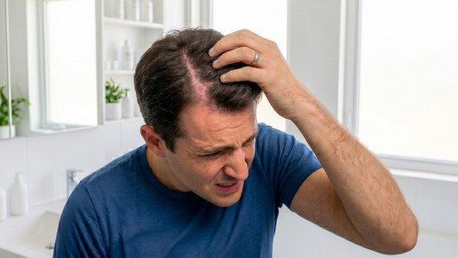 Mann betrachtet seine Kopfhautbeschwerden im Badezimmer