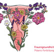 Illustration einer stilisierten Gebärmutter. Sie ist vollständig mit verschiedenen bunten Blumen und Pflanzen gefüllt und umrankt. Daneben steht der Text „Frauengesundheit – Präsenz‑Fortbildung“.