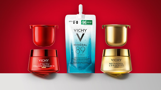 Die Gesichtspflege-Helden von Vichy: Die nachfüllbaren Premium-Tiegel von Liftactiv und Neovadiol sparen 87 % Verpackungsmaterial ein. Das ultraleichte Minéral 89 Refill reduziert das Verpackungsgewicht um 96 %.