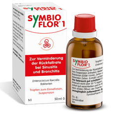 Symbioflor® 1 Tropfen zum Einnehmen: probiotisches Arzneimittel mit Enterococcus faecalis DSM 16440 zur Verminderung der Rezidivrate wiederkehrender Atemwegsinfekte wie Sinusitis und Bronchitis.