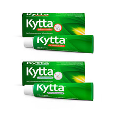 Produktabbildungen von Kytta Schmerzsalbe und Kytta Schmerzsalbe Geruchsneutral: grüne Tuben liegen vor den dazugehörigen grünen Verpackungen
