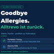 Werbegrafik für Alltrevo Augentropfen. Detailbeschreibung: Dunkelblaue Anzeige mit Text „Goodbye Allergies. Alltrevo ist zurück.“ und Produktverpackung rechts. Hinweise zu Pollen­saison 2026 sowie Vorteilen wie Lieferkapazität und gleicher PZN.