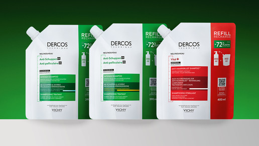 Nachhaltige Haarpflege von Vichy: Die Dercos Refills (Anti-Schuppen und Vital+) sparen 72 % Plastik ein.