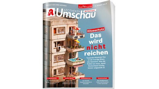 Cover der Apotheken Umschau plus TV-Programm vom 15. Oktober 2026. Ein Miniatur-Wohnhaus zeigt Bewohner auf Balkonen, die sich mit Sonnenschirmen, Ventilatoren und einem Pool vor der Hitze schützen. Die Überschrift lautet: „Hitzeschutz: Das wird nicht reichen“.