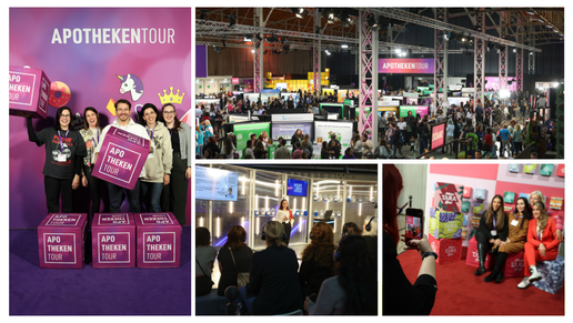 Collage (4 Fotos) der APOTHEKENTOUR Wien. Links: Fünf Personen halten lila Würfel mit dem Logo vor einer lila-rosa Wand. Oben Mitte: Gesamtansicht der belebten Messe mit vielen Besuchern und farbigen Bannern. Unten Mitte: Eine Rednerin spricht vor einer sitzenden Gruppe. Unten rechts: Personen posieren für Fotos.