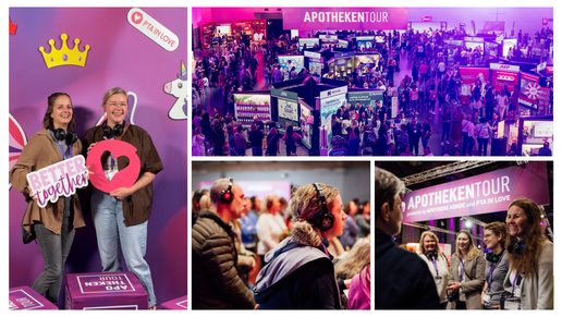 Collage zur APOTHEKENTOUR: Links zwei Personen vor der "PTA in Love"-Wand, oben rechts eine volle Halle, unten in der Mitte Zuhörer:innen bei einem Vortrag in einer Lounge und unten rechts eine Gruppe im Gespräch.