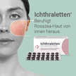 Anzeige für Ichthraletten bei Rosazea: Frauengesicht mit hervorgehobener geröteter Wange; daneben Packung und Blister mit Tabletten.