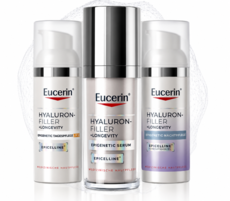 Drei Eucerin Hyaluron-Filler +Longevity Pflegeprodukte nebeneinander.