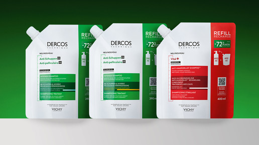 Nachhaltige Haarpflege von Vichy: Die Dercos Refills (Anti-Schuppen und Vital+) sparen 72 % Plastik ein.