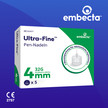 Werbegrafik von embecta zur Einführung der Ultra-FineTM Pen-Nadeln im 5er-Pack. Die Verpackung der 4 mm Pen-Nadeln ist vor blauem Hintergrund dargestellt. 