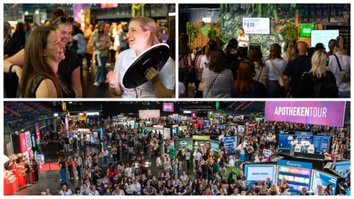 Collage aus Übersichtsbild der Apothekentour in Leipzig 2025, Vortrag in der Grünen Lounge, lachende Gesichter bei einem Beratungsgespräch.