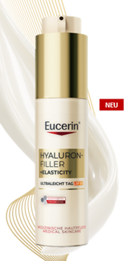 Produktflasche Eucerin Hyaluron-Filler + Elasticity Ultraleicht Tag LSF 30 vor hellem Hintergrund.
