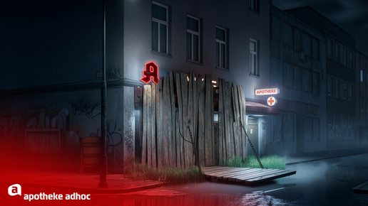 Montage einer nächtlichen Apotheke in düsterer Atmosphäre