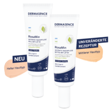 Produktabbildungen der DERMASENCE RosaMin Getönten Tagespflege hell mit LSF 50 mit dem Hinweis "neu" sowie der DERMASENCE RosaMin Getönten Tagespflege mittel mit LSF 50 mit dem Hinweis "unveränderte Rezeptur"